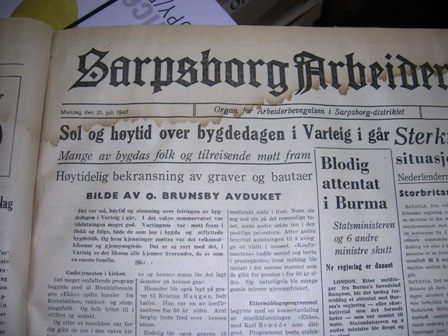 Faksimile av Sarpsborg Arbeiderblads oppslag etter bygdedagen i 1947. 