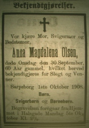 Ddsannonsen i lokalavisene som forteller at Anna Magdalena, gift Olsen dde 30. september 1908.